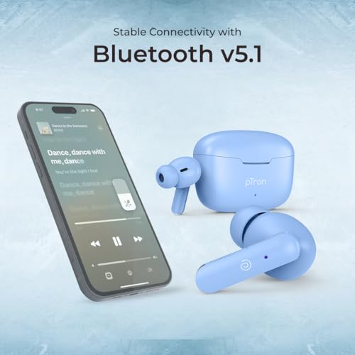 Image of pTron Basspods P81 in-Ear Wireless Earbuds, Pristine Sound, 32Hrs Playtime, Clear Calls TWS Earbuds, Bluetooth V5.1 Headphone, Type-C Fast Charging, Voice Assist & IPX4 Water Resistant (Blue Matt)