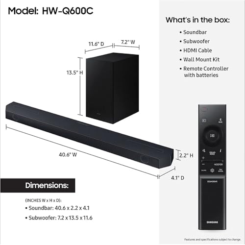 Image of Samsung HW-Q600C 3.1.2ch Soundbar and Subwoofer with Dolby Audio Bundle with Deco Gear 4K HDMI 2.0 Cable w /Pure Copper Conductors x2 & CPS Exclusive 26 Month Protection Pack Bundle (BEACH-CPS-26500)