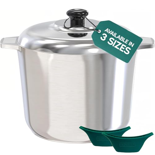 MAGNAWARE 10 Quart Cast Aluminum Stock Pot with Lid - Durable & Lightweight Soup Pot with Even Heat Distribution & Retention - Professional Cookware Stockpot with Silicone Handle Covers
