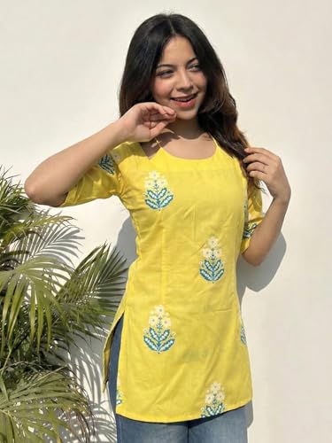 Image of ANNI Designer Women's Viscose Blend Printed Short Kurti | Straight Fit Ethnic Top with Square Neck | Bell Sleeve Indian Kurta for Office College, Party