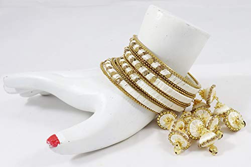 Image of NMII Metal & Silk Thread Jhumka Zircon Latkan Stylish Bangles Set For Women's and Girls | Women's Fancy Latkan Bangles Set | Ethnic Fashion Jewellery- Set of 12 Bangle, (G405 White-2.6)