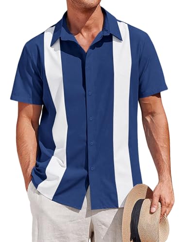 Runcati Mens Vintage Bowling Shirt Short Sleeve Button Down Shirts Casual Summer Beach Tops Dark Blue