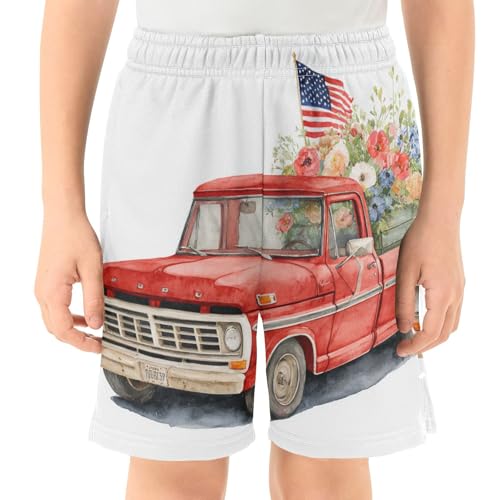DOMIKING Red Truck Flag Kids Shorts Pull-on Boys Shorts with Elastic Waist Casual Athletic Pants for Summer Outdoor Playwear2