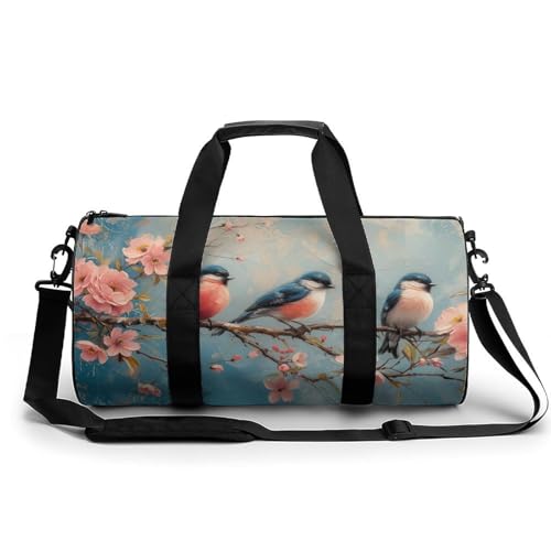 Abstract Colorful Spring Birds Travel Gym Bag for Women Men Retro Animal Cylindrical Duffle Bag Sport Workout Bag with Shoulder Strap