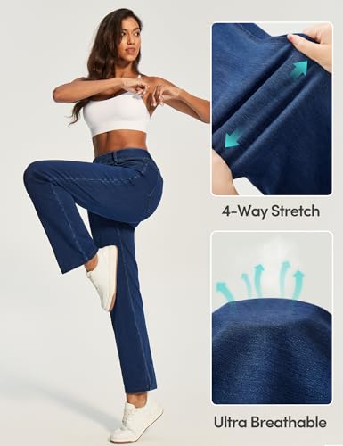 IUGA Straight Leg Jeans for Women Stretchy Pull On Sweatpant Jeans Women High Waisted Bootcut Jean Trendy Denim Pants Dark Blue