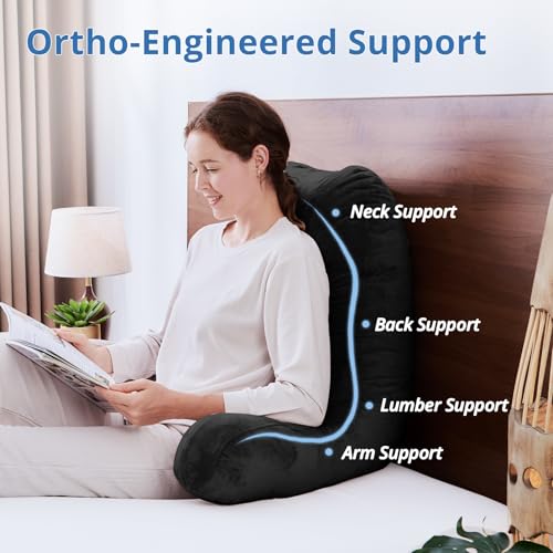 Image of Sasttie Reading Pillow for Bed, Back Pillow for Sitting Up, Black | 25 inch Backrest Support Cushion for Couch, Sofa, and Floor, Dorm Essentials, OEKO-TEX, Adjustable Down Alternative Fill