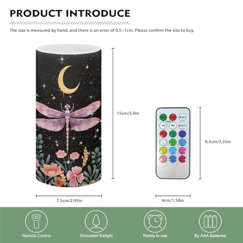 Image of Poceacles Dragonfly Moon Floral Print Flameless Candles Battery Powered with Multicolor Timer Remote Control Everlasting Fake Candles for Party Garden Indoor Outdoor Decor