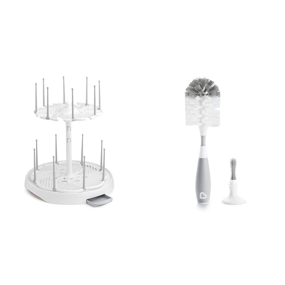 Munchkin High Capacity Drying Rack for 16 Bottles and Bristle Bottle Brush with Suction Cup Base, Grey