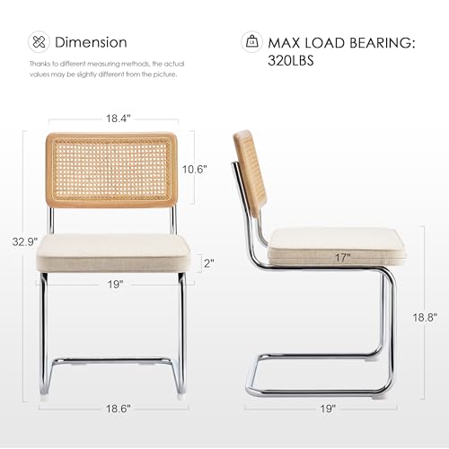 Image of Zesthouse Natural Rattan Dining Chairs Set of 2, Mid Century Modern Dining Chairs with Solid Wood Back & Chrome Base, for Kitchen Living Room, Breuer Design Inspired, Upholstered Linen Fabric, Beige