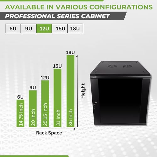 Image of NavePoint 12U Server Rack Enclosure - 23.6 inch Deep, Wall Mount Network Cabinet with Locking Glass Door for 19 inch IT Equipment, Network Rack with 2 Fans, Removable Side Panels, Black