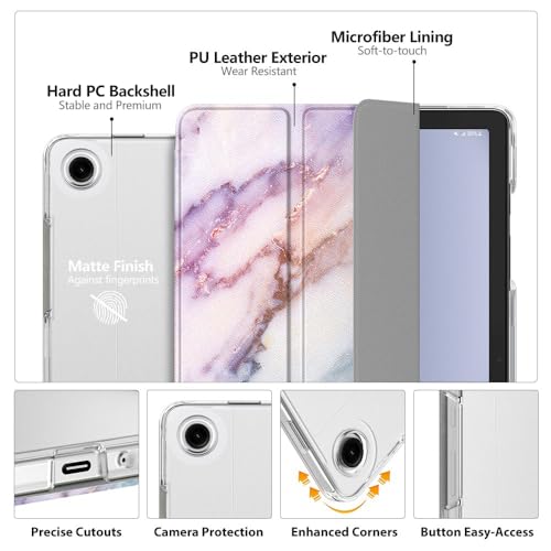 Image of MoKo Trifold Case for Galaxy Tab A9 Plus /A9+ 11 Inch 2023, Purple Marble | Slim Stand Hard PC Translucent Back Shell Smart Cover, Auto Sleep /Wake, Light, Anti-scratch, 2 Adjustable Angle
