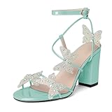 Joseywade Butterfly Heels Heeled Sandals Rhinestone Crystal Butterflies Heels Open Toe Chunky Block High Heels 3.5 Inch Women's Ankle Strap Shoes Patent Mint Green US Size 8