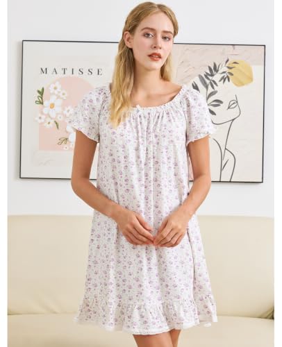 Image of Nanxson Women's Cotton Nightgown Short Sleeve Sleepwear Vintage Nightshirt | Summer Victorian Sleepdress,White Sleepshirt,U Neck Lace Loungewear,Soft Nightshirt,Loose Loungedress,Bride Nightwear
