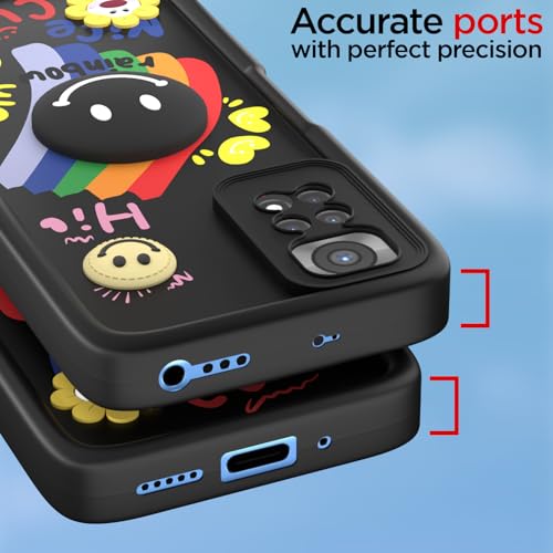 Image of Pikkme Back Cover for Redmi Note 11 / Note 11s | Soft Silicone| Cute Rainbow Smile & 3D Cartoon Flower Design | Shockproof Raised Camera Protection Bumper Case (Black)