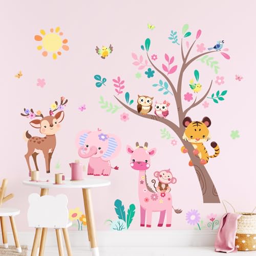 Supzone Jungle Animals Tree Wall Decals Pink Elephant Giraffe Wall Stickers for Kids Girls Bedroom Living Room Baby Nursery Wall Decor