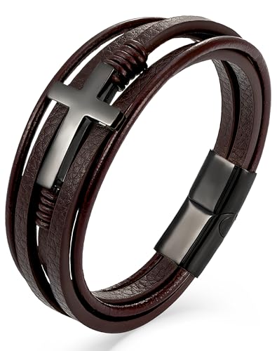 YL Mens Cross Viking Celtic Ankh Odin Compass Life Tree Leather Bracelet, 18K Gold/Black Rhodium Stainless Steel Christian Religious Protection Talisman Brown Cuff Handcrafted Jewelry Gifts