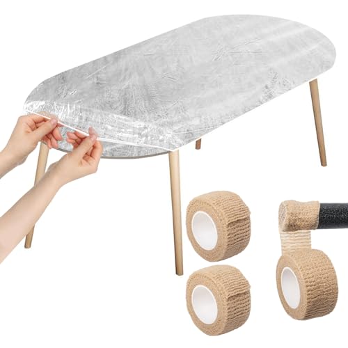 Klmnop Clear Oval Vinyl Fitted Tablecloth with Chair Leg Anti-Slip Bandage, Fits 48 x 68 Inch Oval Table, Waterproof Elasticized Table Cover Tablecloth Protector for Dinner Table(Clear)