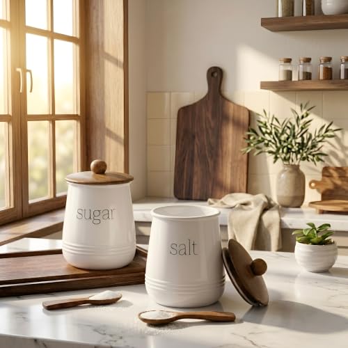 Image of Stylish Airtight Container for Kitchen, Sugar & Salt Storage,White, Metal with Wooden Lid & Spoon, 1000ml, Canister for Kitchen Counter top | Food-Safe Jar Set of 2 (Sugar & Salt)