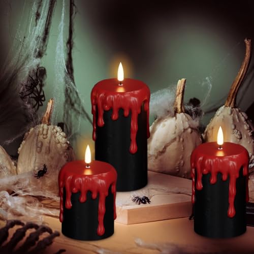 Image of Halloween Decorations Led Candles Flickering with 6H Timer, Battery Operated Halloween Candles, 3 Pcs Drip Wax Spooky Halloween Decor Indoor Real Wax, D3 x H 4 inch 5 inch 6 inch