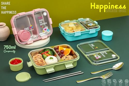 Image of PRIME DEALS Lunch Box 2 Compartment Leak-Proof BPA Free Stainless Steel, Lunch Box for Kids, Lunch Box for School & Office with a Fork, a Spoon and a Pair of Chopsticks (Sky Blue, 2 Compartment)
