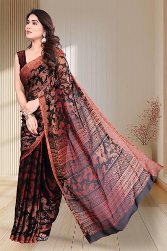 Image of SUPERLAXMI Women's Chiffon Floral Printed Saree with Blouse Piece
