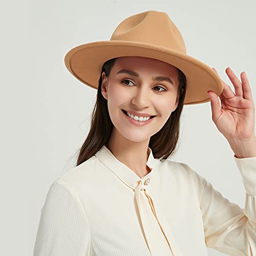 Image of jingsha Fedora Hats for Men & Women Wide Brim Fedora Felt Panama Hat Men's Dress Hats with Belt Buckle
