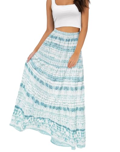 Image of Annebouti Womens Spring Summer Boho Elastic Long Skirts High Waist Pleated A Line Tiered White or Black Maxi Skirt