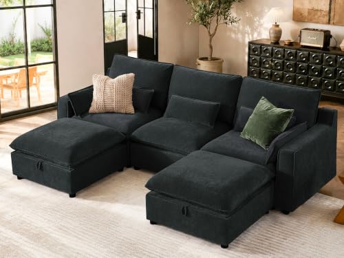 Image of WorthFurni Modern Modular Sectional Sofa,103 inch U Shape Minimalist Couch with Storage Ottoman,Comfty 4 Seat Sofa for Living Room,Black Chenille