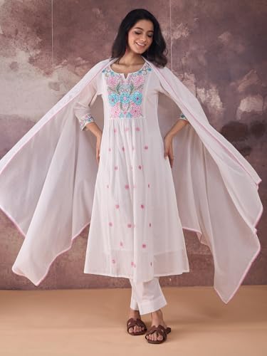 Image of INDO ERA Women's Pure Cotton Embroidered A-Line Kurta & Pant with Dupatta Set | Cotton kurta sets for women