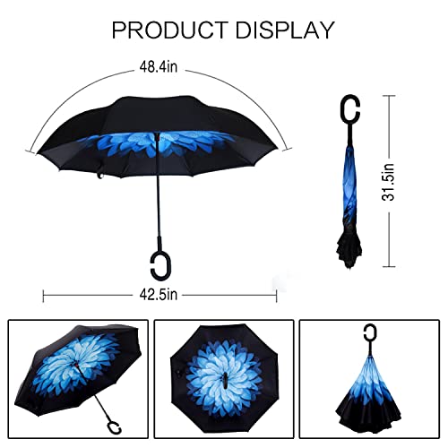 Image of MRTLLOA 40 /49 /56 Inch Oversize Windproof Inverted Reverse Upside Down Umbrella, Golf Size Rain Umbrella, Double Layer, C-Shaped Handle for Men, Women and Kids (Blue Daisy, 49 Inch)