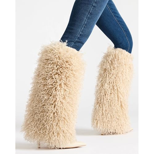 Fur Knee High Boots for Women Pointed Toe Stiletto Heel Fold Over Tall Boots Fashion Wide Calf Long Booties3