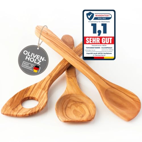 Topanbieter999 Juego de 3 cucharas de cocina de aceitunas fabricadas en Alemania, con cuchara, cuchara para servir y cuchara puntiaguda de 30 cm, de madera de olivo, sostenible, antibacteriana