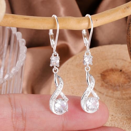 ALEXCRAFT 925 Sterling Silver Dangle Earrings for Women Leverback Cubic Zirconia Hanging Drop Earrings Jewelry for Women4