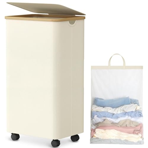 DAYONG Laundry Hamper with Wheels, 100L Rolling Clothes Basket Bin with Lid, Foldable Laundry Basket with Removable Liner for Bedroom, Laundry Room, Bathroom, Dorm (Beige)