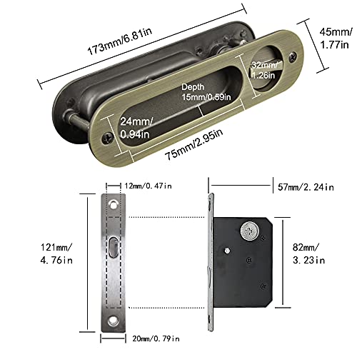 Cerradura para puerta corredera de bolsillo de 6,8 pulgadas, manija invisible con llaves, manija empotrada para muebles de puertas deslizantes, acabado bronce miniatura 3