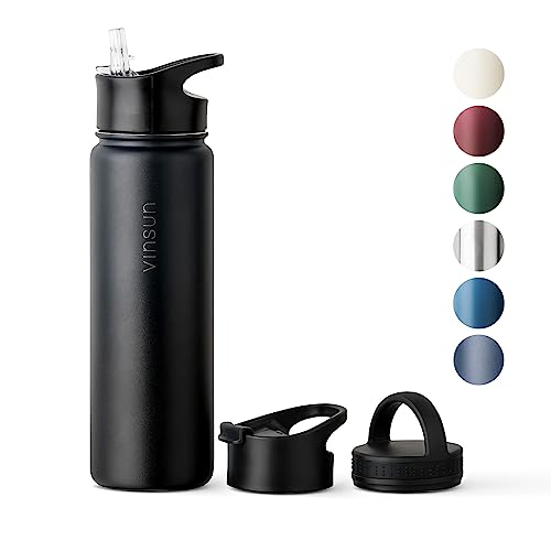 Vinsun Edelstahl Trinkflasche 750ml - Strohhalm, Trinköffnung, Drehverschluss - auslaufsicher, Kohlensäure geeignet - leichte Thermosflasche Sport, Outdoor, Schule, Büro