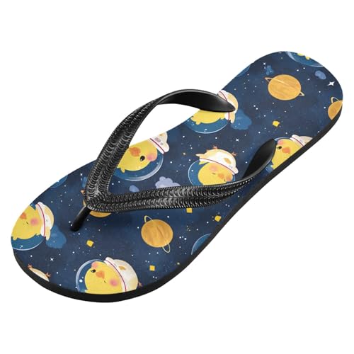 ALAZA Cute Astronaut Yellow Chicken Flip Flops for Women Fashion Beach Slippers Comfort Mens Flip Flops Non-Slip Rubber Shower Slippers Sandal for Hotel Travel Sport,XS2