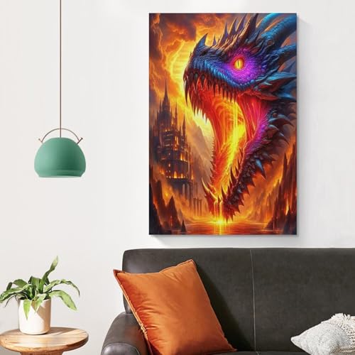 Tableau dragon du mal et château du rêve de 60x90 cm