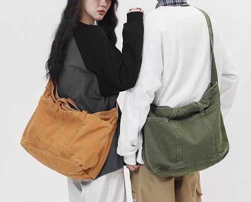 Image of Cotton Tote Handbag Women Canvas Crossbody Beach Bag Hobo Shoulder Tote Bag with 3 External Pocket,Zipper Closure