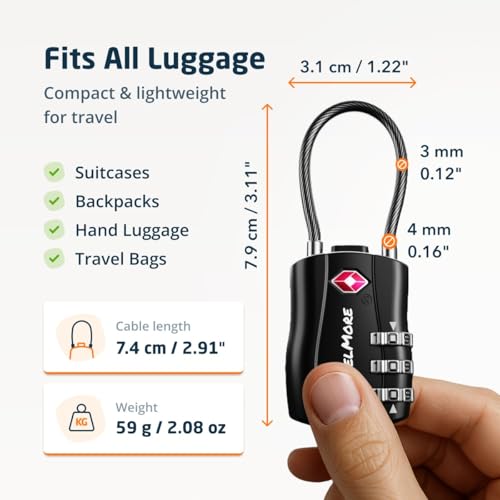 4-Pack TSA Approved Travel Combination Cable Luggage Locks for Suitcases & Backpacks | TSA Locks | Luggage Locks | Black - Image 3