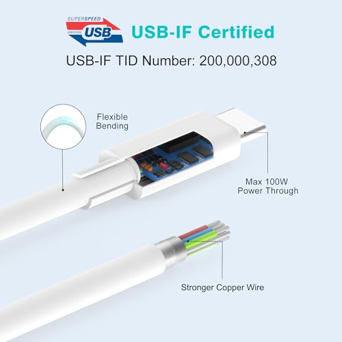 Image of 10ft 100W USB C to USB C Cable for MacBook Pro MacBook Air Charger, iPad Pro 12.9 11 inch, iPad Air 5 4, Mini 6, iPhone 15 /15 Pro /15 Plus /15 Pro Max, Samsung Galaxy, USBC Type C PPS Fast Charging Cord