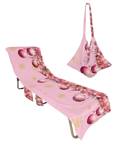 Pink Christmas Balls Beach Lounge Chair Towel Cover, Soft Chaise Lounge Towel with Side Pockets Patio Pool Chairs Cover for Beach/Pool Sunbathing 29x85 Xmas Poinsettia Yellow Snowflake