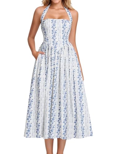 Image of Parthea Women's Floral Halter Corset Midi Dress 2026 Elegant Smocked Flowy Wedding Guest Dresses with Pockets