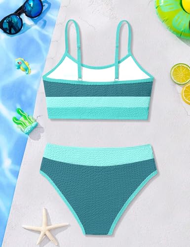 Image of Girls Bathing Suit Color-Block Adjustable Straps Bikini Sets Girls Two Piece Swimsuits with Chest Pad Swimwear 7-18T