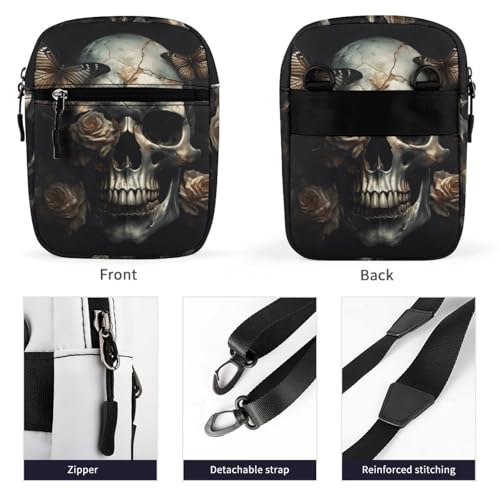 Satchel Tote Bag Messenger Bag Skull with Roses And Butterflies Printed Mini Sling Bag Purse Suitable for Work Travel3