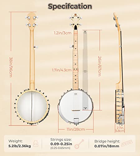 Vangoa 5 String Banjo Open Back Full Size, Clawhammer Banjo Beginner Kit With Frosted Remo Head, Maple Banjo With Geared 5Th Tuner, Natural #TOP4