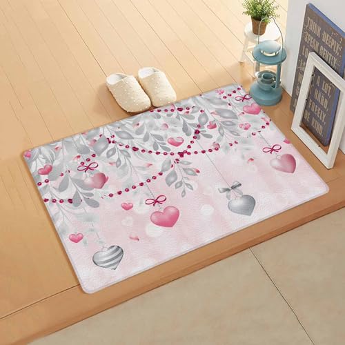 Valentine's Silver Heart Kitchen Bath Door Mat Cushioned Runner Rug,Washable Welcome Floor Sink Antifatigue Mat,Waterproof & Non-Slip Comfort Standing Doormat,Gradual Solid Pink Dot Stripes 18