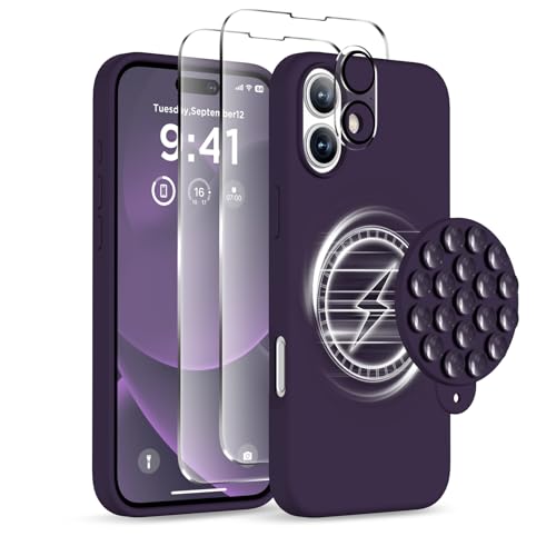 Image of Magnetic for iPhone 16 Case, Compatible with Magsafe, Suction Cup Phone Mount, [2 Screen Protectors][Camera Lens Protector] Silicone Shockproof Protective Slim Phone Cover 6.1 inch, Deep Purple