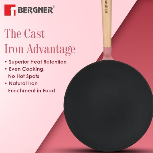 Image of BERGNER Excalibur Lightweight Cast Iron Roti Tawa 26cm, Sturdy Wooden Handle, Non-Stick Coating, PFAS Free, Perfect Heat Distribution, Elegant Design - Induction and Gas Stove Ready (Pink)