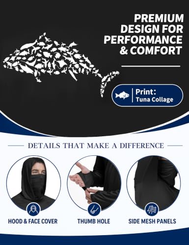 Image of FISHEAL Men's UPF 50+ Sun Protection Fishing Hoodie, Long Sleeve UV Shirts with Mask, Quick Dry Hooded for Outdoor Beach